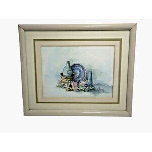 N J Parker Watercolor Print Signed Framed Matted Floral Wine Bucket Pastel